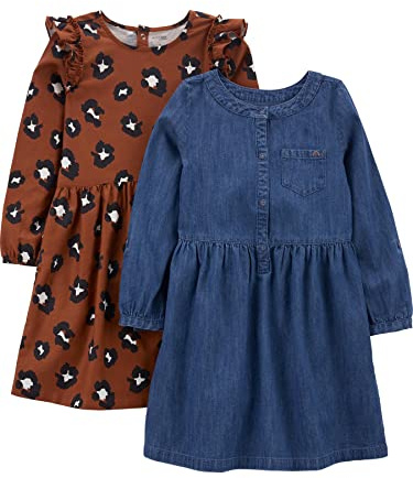 Simple Joys by Carter's Vestido Casual para niña (Paquete de 2), Guepardo marrón/Mezclilla Oscura, 5-6 Años