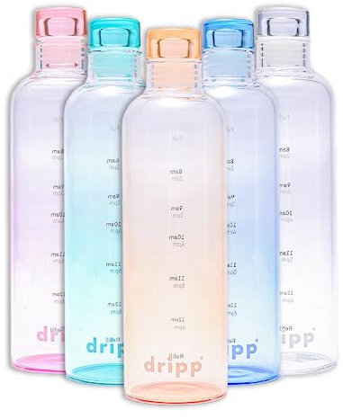 DRIPP 500ml Glass Water Bottle BPA-Free Leak Proof Ideal for School Home Office Travel Sport Yoga Gym Hot Cold Drinks Motivational Drinking Bottle with Time Markings (Orange)