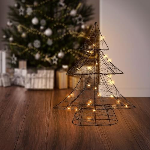 ECD Germany LED Deko Baum Weihnachten mit 30 warmweißen LEDs, 40 cm hoch, Metall, Schwarz, Weihnachtsbaum mit Beleuchtung & Timer, Innen, batteriebetrieben, Lichterbaum Tanne stehend Weihnachtsdeko