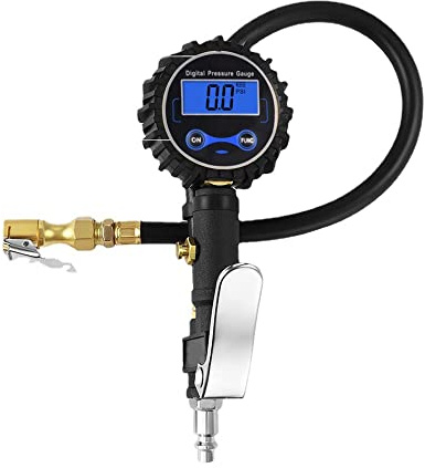 Digitaler Reifenfüller-Manometer, LED-Anzeige, Reifenablassmesser mit geradem Messing-Spannfutter, Gummischlauch, kompatibel mit Luftpumpenkompressor für LKW, Bus, Wohnmobil, Auto, Motorrad, Fahrrad