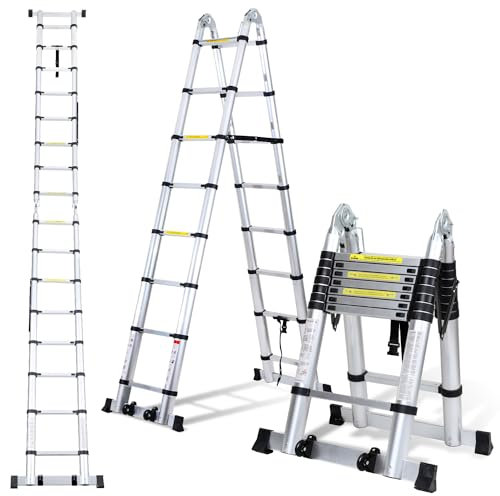 Randaco Scala telescopica pieghevole in alluminio 5 m (2,5 + 2,5), scala telescopica allungabile, in alluminio antiscivolo, portata 150 kg