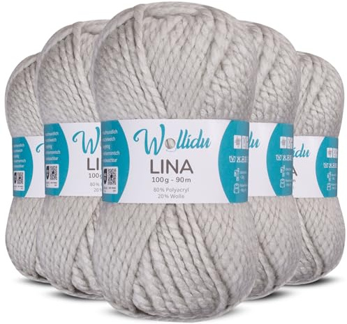 Wollidu Lina Wolle zum Stricken und Häkeln 500g 80% Polyacryl 20% Schafwolle Mulesing-frei Oeko-Tex 5x 100g/90m Häkelwolle/Strickwolle - Hellgrau