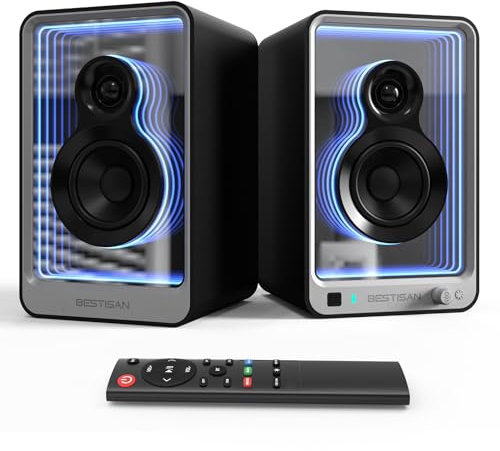 BESTISAN SR15 Enceintes Bluetooth pour bibliothèque, haut-parleurs stéréo actifs pour TV/tourne-disque avec sortie caisson de basses et effets de lumière, haut-parleurs de platine avec entrées