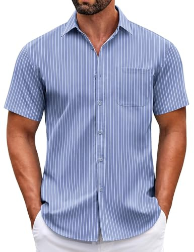 COOFANDY Men's Short Sleeve Button Up Shirts Casual Wrinkle Free Shirts for Men White Stripe-Blue