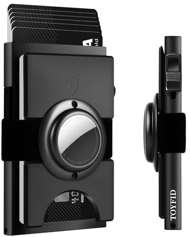 TOYFID Schwarzes Aluminium Kartenetui, für AirTag | Kartenetui mit Auswurftaste für 12 Karten & Scheine. RFID-Blocking. Kompaktes Alu-Gehäuse. Kompatibel mit AirTag.