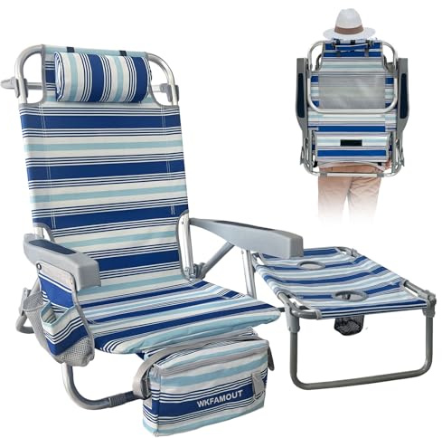 WKFAMOUT Strandstuhl Klappbar mit Klapptisch 5 Position Rucksack Klappstuhl für den Strand Hochlehner Campingstuhl mit Kühltasche Verstellbare Rückenlehne und Träger