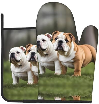 WZYWHJ Ofenhandschuhe und Topflappen mit englischen Bulldoggen, Set zum Kochen, Mikrowelle, Grillen – mit Schlüsselband-Design