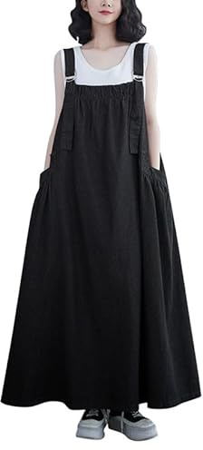 Boodtag Women’s Denim Pinafore Dress Summer Sleeveless Plus Size Maxi Strap A-Line Overall Dress with Pocket Elegant Vintage UK Ladies Outfit