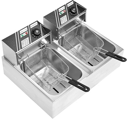 Freidora comercial, freidora grande, 6 L, acero inoxidable, freidora doble, freidora eléctrica, para comedores, comidas, hoteles, tiendas de desayuno, tiendas de comida rápida