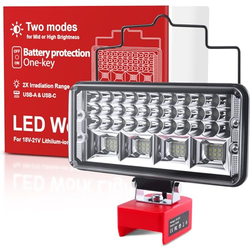 Tumnatt Akku Lampe Für Milwaukee m18,95W 8000LM 2Helligkeitseinstellungen Led Arbeitsleuchte,Tragbare Flutlichter mit USB-C/A Baustellen Lampe für Wartungsarbeiten(kein Akku)-Rot