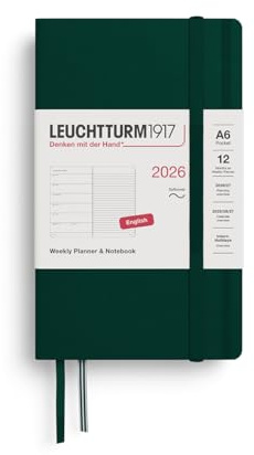LEUCHTTURM1917 372697 Veckokalender och anteckningsbok ficka (A6) 2026, softcover, skogsgrön, engelsk