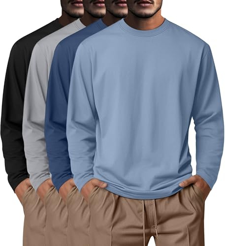 Neer 4 Pack Men Big and Tall Shirts Cotton Long Sleeve Basic Top | Long Sleeve Crew Neck Shirts, Loose Baggy Plus Size Undershirts, Soft Plain Lounge Tees for Casual Daily Wear, Comfy Clothes