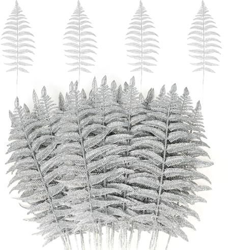 MWOOT 16 Pezzi Foglie di Natale Artificiale Glitterate, Finti Foglie Tropicali Natalizio, Rami di Piante Argento per Fai Da Te Ghirlanda Albero di Natale Bouquet di Nozze Casa Giardino Decorazione