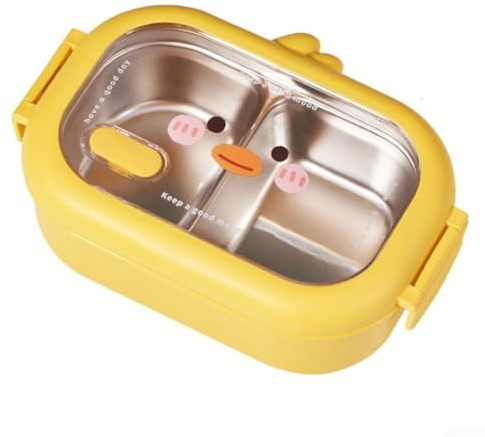 Lonchera de acero inoxidable para niños, 1000 ml, con forma de pato, 2 compartimentos, diseño a prueba de fugas, caja amarilla para niños, comidas escolares, niñas y niños, portátil