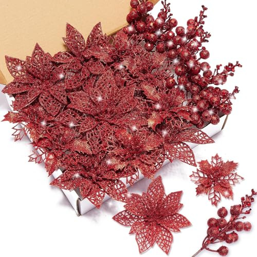 Xmastell 22 Stück Weihnachten Künstliche Blumen, Glitzer baumschmuck Weihnachten, Weihnachtsbaum Blumen Ornamente und Weihnachtsbaum Picker für weihnachtsdeko außen und deko innen Rot