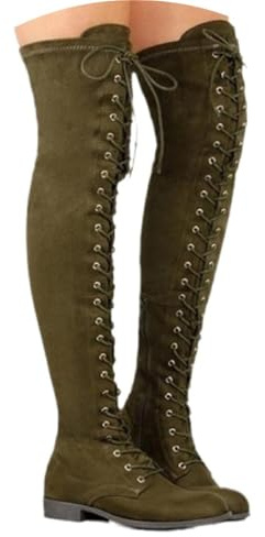 Glamidea Stivali Overknee Eleganti da Donna Invernali Monocolore a Tacco Basso con Lacci in Stile Gothic Punk Elasticizzati Fino Al Ginocchio Stivali Lunghi Piatti per il Tempo Libero
