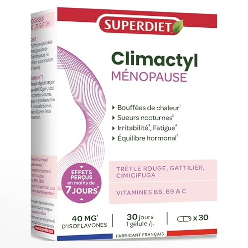 Ménopause, bouffées de chaleur, irritabilité, fatigue - Climactyl - Gélules | Cure d e30 gélules - Equilibre hormonal, sueurs nocturnes - Vitamines B6, B9, C, Gattilier- Fabrication française - Superdiet