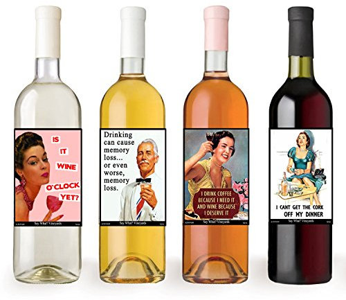 American Art Classics Juego de 8 etiquetas para botellas de vino con temática retro y divertidas, de estilo vintage, de 5 pulgadas x 10 cm, resistentes al agua y brillantes