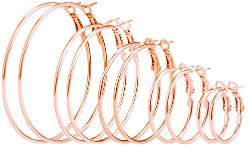 Mannli 5 Pairs Stainless Steel Hypoallergenic Shiny Large Hoop Earring Sets for Women Girl Rose Gold