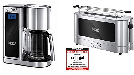 Russell Hobbs Digitale Kaffeemaschine Elegance Edelstahl, Timer-Funktion, bis 10 Tassen, 1,25l Glaskanne, 1600W, & Toaster Langschlitz Elegance Glas/Edelstahl, inkl. Brötchenaufsatz, 1420W, 23380-56