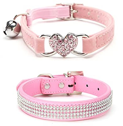 MiaLover 2 Stücke Strass Verstellbarer Hundehalsbänder Leder Glitzernd Hunde Halsbänder Bling Katzenhalsband Pfirsichherz Glocke für Kleine Hunde und Katzen Hundedekor Geschenk, Zwei Stile(Pink)