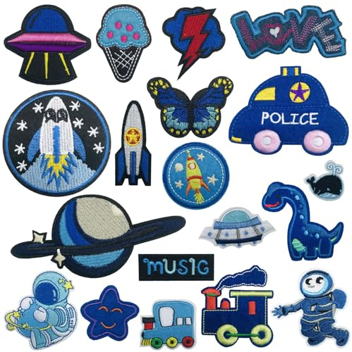 Woohome 20 Stück Blau Patches zum Aufbügeln Bügelflicken Kinder, Gemischt Flicken Patches Applikation Patch Sticker für Dekoration DIY T-Shirt Hut Mantel Kleid Aufkleber
