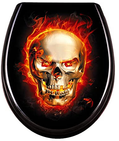 Froadp Toilettendeckel Klodeckel mit Absenkautomatik WC Sitz Toilettensitz aus Duroplast und Edelstahl Antibakteriell Toilettenbrille für Alle Handelsüblichen WC-Becken (Schwarzer Schädel)