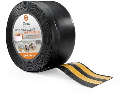 Quest Mjuk Golvlist Självhäftande, Mjuk Sockellist– 100 mm x 25 mm – avslutningslist, bred böjbar list – för väggar, golv – PVC, flexibel, vattentät, dekorativ (Svart, 20m)