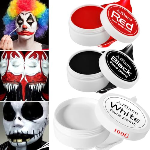 Halloween Clown Makeup Schwarz Weiß Rot Körperfarbe, Afflano Pro Red Black White Face Paint Goth, Creme Gesichtsfarbe für Joker Gothic Zombie Vampire Skelett Kostüm Fantasie Spezialeffekte Sfx Makeup