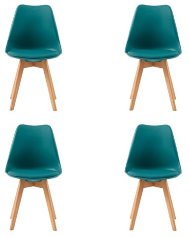 H.J WeDoo 4er Set Küchenstühle Esszimmerstühle Modern Esszimmermöbel, mit Massivholz Buchenholz Bein und Kissen aus PU-Leder, Türkis