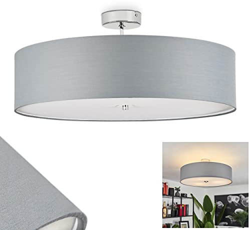 HOFSTEIN Deckenleuchte Foggia, runde Deckenlampe aus Metall/Stoff in Chromfarben/Grau/Weiß, moderne Leuchte im Retro/Vintage-Design (Ø 60 cm), 3 x E27, Wohnzimmer, Esszimmer, Schlafzimmer, Küche