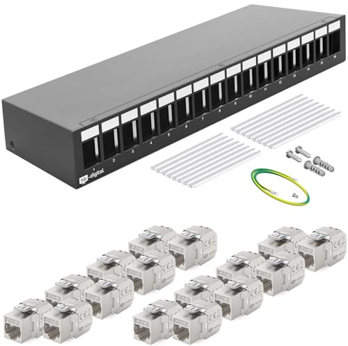 HB-DIGITAL 16-Port Patchpanel Patchfeld Verteilerfeld 1 HE 16x CAT 7 RJ45 Keystone Jack Modul vollgeschirmt STP 10 Gbps Kompatibel mit Verlegekabel Netzwerkkabel Ethernet LAN - Schwarz