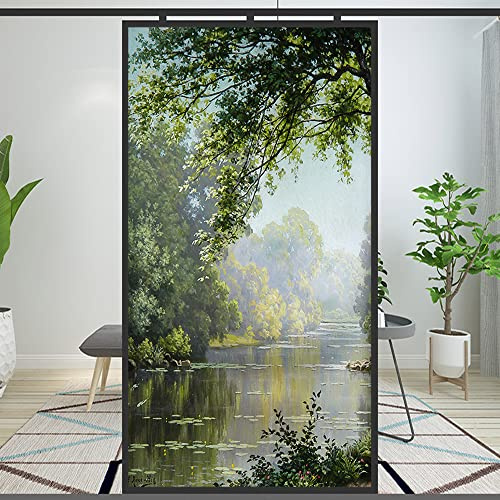 Fensterfolie Privatsphäre Dekorative Wald Bach Landschaft Ölgemälde Statische Haftung Fensteraufkleber Kein Kleber Mattierte Fensterabdeckungen Fensterfarbe (A, 69 x 200 cm (27 x 78,74))