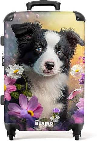 NoBoringSuitcases© Reisekoffer mit Rollen Koffer groß Kinderkoffer | 67x43x25 cm - Hartschalenkoffer - Hund - Blumen - Natur - Welpe - Border Collie - Koffer mittelgroß,