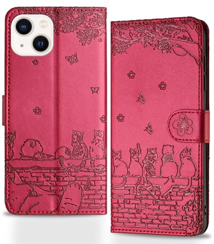 Butnyeoe for iPhone 14 Phone Case with Card Holder and Strap Magnetic, iPhone 13 Flip Case for Women Cute Cats Leather Wallet Cover-Mauve/Red