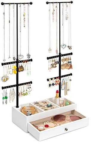 Emfogoo Schmuckständer, 6 Tier Schmuckbaum mit Verstellbare Höhe Kettenstander für Ketten Ohrringe Ringe Armbänder, Schmuckhalter mit Holz Basisch Schmuckaufbewahrung Organizers(Vintage Weiß)