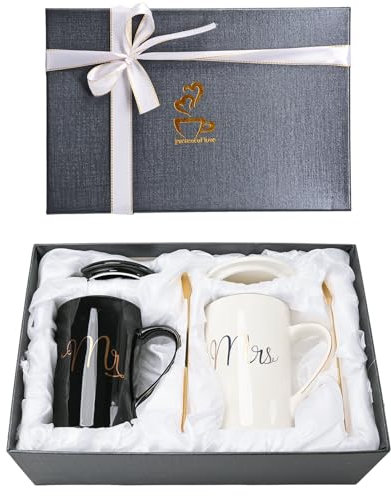 Atoke Mr and Mrs Tazze di Ceramica con Coperchio e Cucchiaio,14 oz Tazze Grandi Tazza di Ceramica per Coppia Sposa Sposo Anniversario Nozze Natale Compleanno Regalo,Nero e Bianco