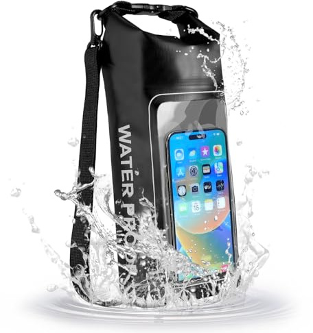 HUGSEE 2L Wasserdichter Dry Bag Rucksack mit integrierter transparenter Handytasche für Outdoor-Aktivitäten, Schwarz, Schwarz, 2 Liter
