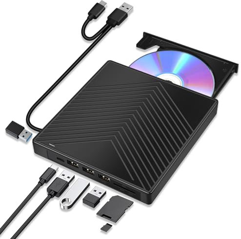 7 in 1 External CD DVD Drive for laptop Windows 11 10, USB 3.0 and Type-C Portable CD DVD +/-RW ROM Drive Reader Burner Rewriter with SD/TF Slot,4 USB & USB-C Port, Slim DVD Player for Linux, Mac OS