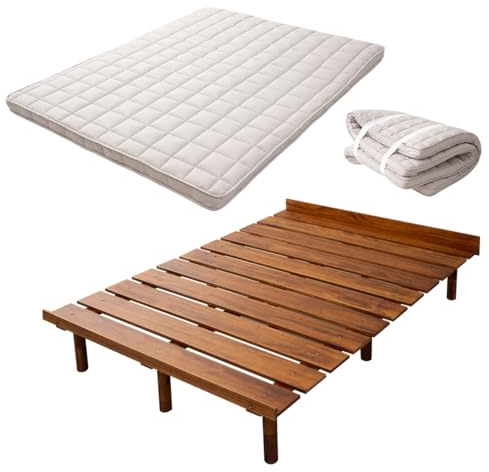 EMOOR Japanische Futon-Matratze Machi und Futonbett OSMOS Set 140 x 200 cm, Retro-Braun, 3 Höhen Verstellbar, Einfach zu Montieren, Japanisches Schlafbett Tatami-Matte Holzlatten-Bett Palettenbett