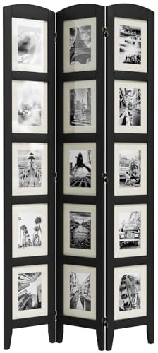 SZQINJI 3 Panel Photo Room Divider Screen, Wood Divider for Room Separation for 8x10 Picture Frame Without Mat for 5x7 Photo with Mat, Black