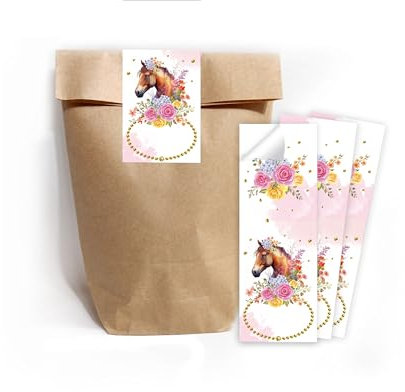 Minkocards 10 Geschenktüten (Natur) + 10 Aufkleber Pferd Geschenktüten für Mitgebsel Gastgeschenk einpacken beim Kindergeburtstag Mädchengeburtstag
