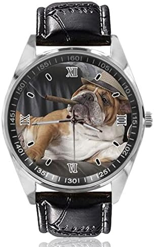 Montres-Bracelets À Quartz avec Bouledogue Mignon avec Cigare Et Verre De Cognac pour Femme Et Homme d'affaires Originalité Unisexe en Cuir avec Cadran Argenté,HaoAMZ