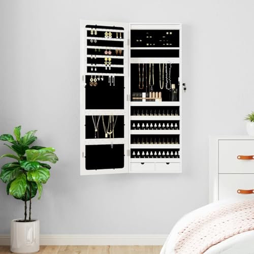 heybb Spiegel-Schmuckschrank mit Beleuchtung Wandmontage Weiß Kosmetik Organizer SchmuckstäNder
