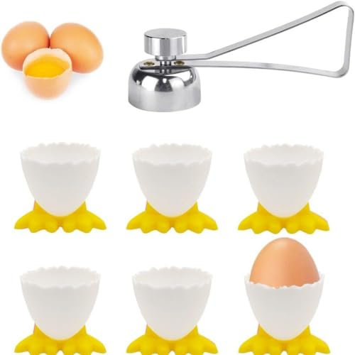 SIYINGSAERY 1 Abridor de Cáscara de Huevos y 6 Hueveras para Huevos Pasados por Agua Cortador de Cáscara de Huevos de Acero Inoxidable Soporte para Huevos Cocidos de Plástico, Amarillo