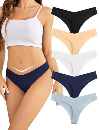 VOENXE Culotte Femme sans Coutures, Invisible String Tanga Taille Basse, Sexy Chic Slip Microfibre Shorty, sous-VêTements Seamless Thong Underwear Women Lot De 5