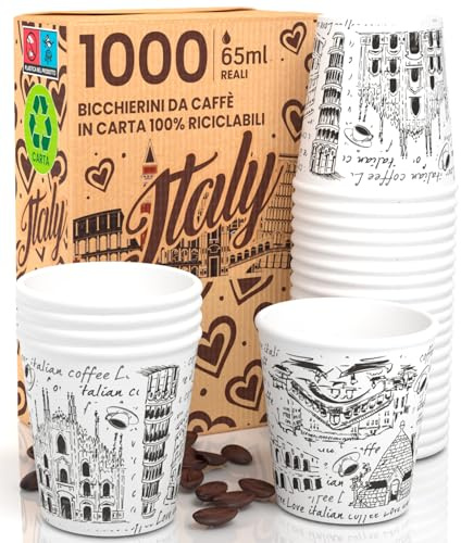 Eurocali 1000 Bicchierini in Carta da Caffè 65ml Italy White - Bicchieri Ecologici Biodegradabili Monouso Piccoli per Asporto Bevande Calde e Fredde