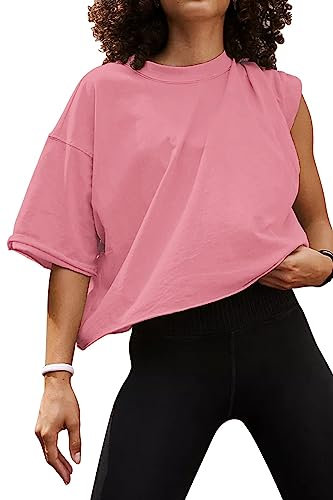 AirMood Oversize Workout Crop T-Shirt Tops Oversized Casual, Rose, L
