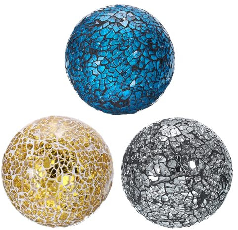 QUARKZMAN 3 Bolas Decorativas de Vidrio de 8cm, Esferas de Vidrio Mosaico para Centros de Mesa, Cuencos, Jarrones, Mesa de Comedor, Fiesta, Dorado, Plateado, Negro, Azul