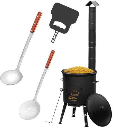 Ø49cm Uchag 2mm stahl Utschak Utschag mit Abzugsrohr Feldküche 22L Kazan Kasan (flacher boden) Feuerstelle Campingofen Außenküche Eintopfofen mit Schaumkelle Suppenkelle Grillfächer